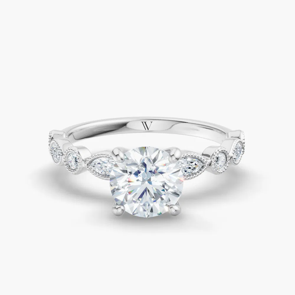 Sior 1 carat Lab Grown Diamond Round Cut Side Stone, Vintage, Milgrain Engagement Ring in 14K White Gold