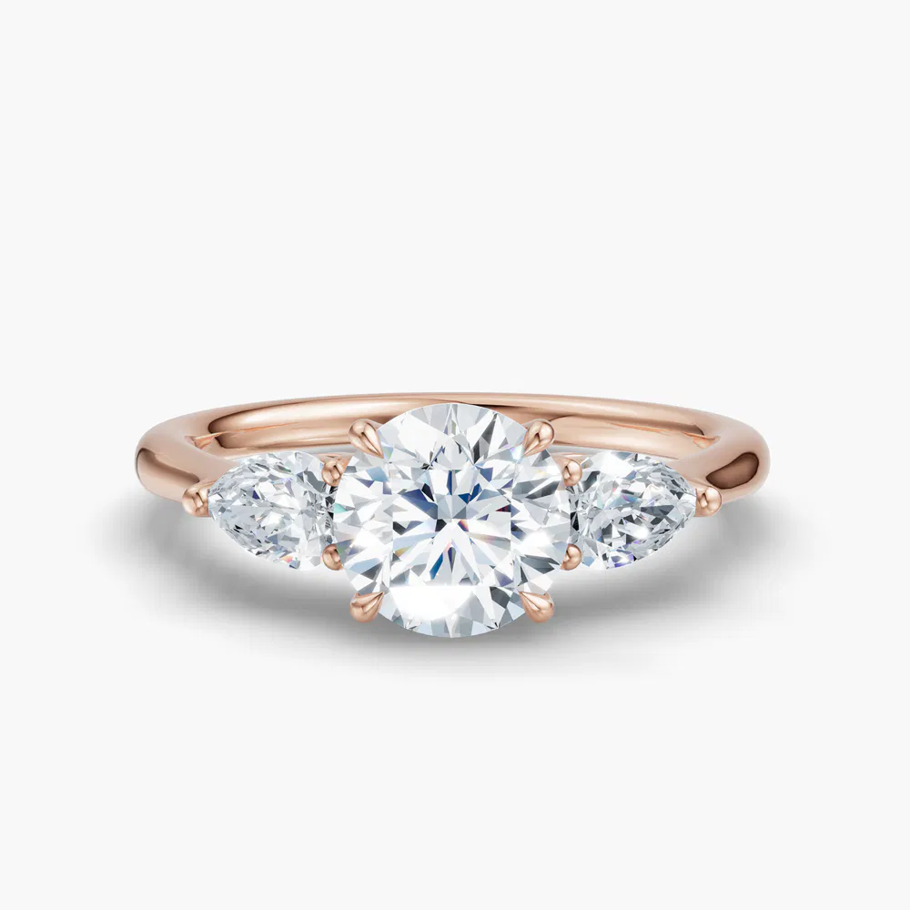 Hailu 1 carat Lab Grown Diamond Round Cut Three Stone, Side Stone, Low profile Engagement Ring in 14K Rose Gold