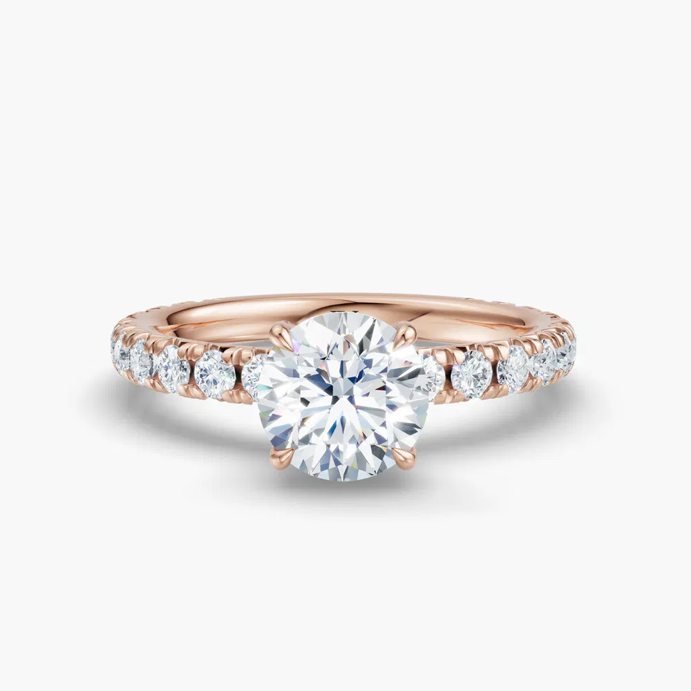 Cyrra 1 carat Lab Grown Diamond Round Cut Pavé, Hidden Halo, Low profile Engagement Ring in 14K Rose Gold