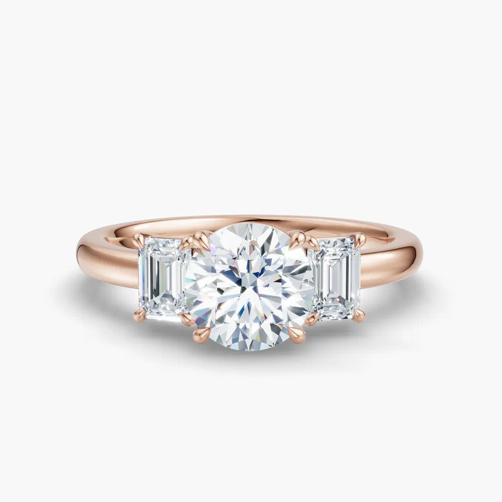 Nectarl 1 carat Lab Grown Diamond Round Cut Three Stone, Side Stone, Low profile Engagement Ring in 14K Rose Gold