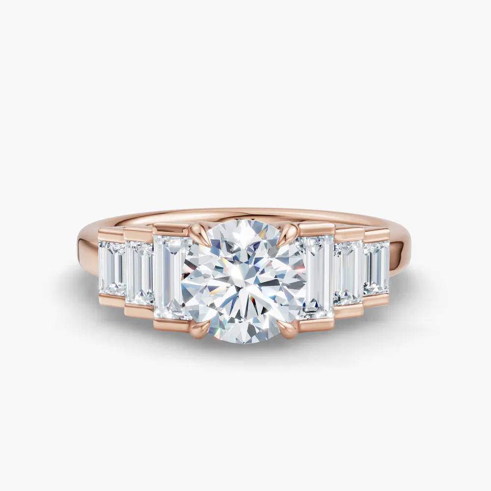 Zepy 1 carat Lab Grown Diamond Round Cut Side Stone, Baguette Engagement Ring in 14K Rose Gold