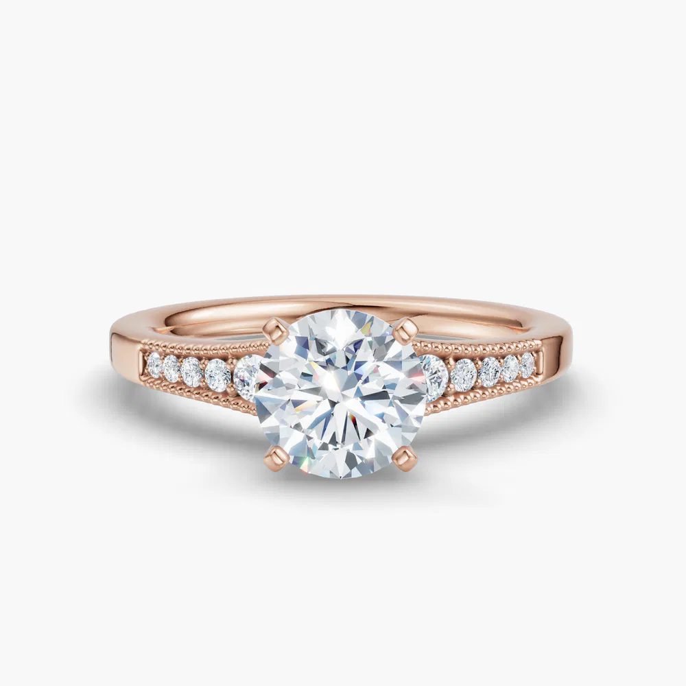 Rosca 1 carat Lab Grown Diamond Round Cut Side Stone, Milgrain, Pavé Engagement Ring in 14K Rose Gold