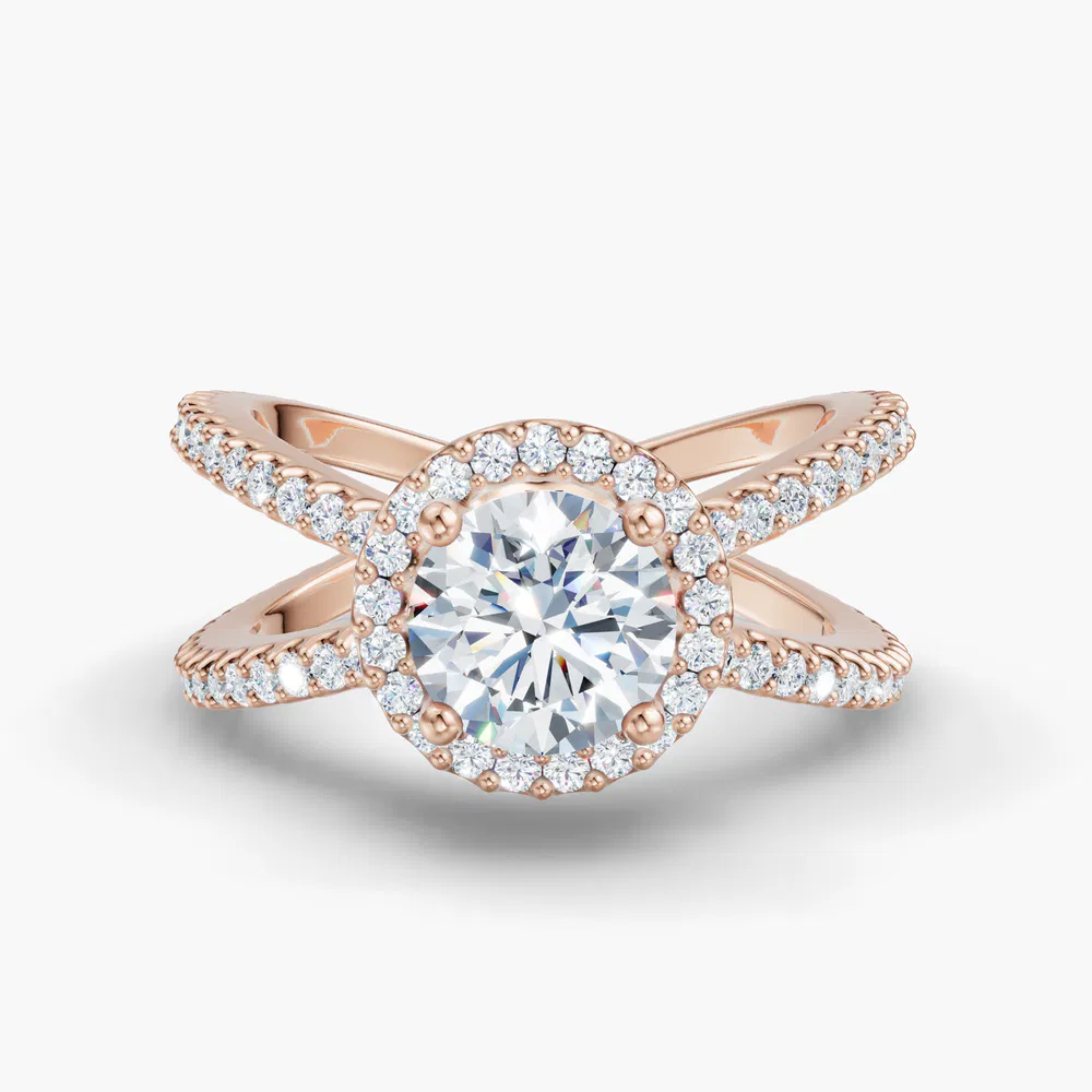 Xylius 1 carat Lab Grown Diamond Round Cut Halo, Pavé, Split Shank Engagement Ring in 14K Rose Gold