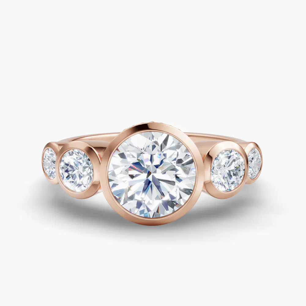 Sole 1 carat Lab Grown Diamond Round Cut Side Stone, Bezel, Five Stone Engagement Ring in 14K Rose Gold