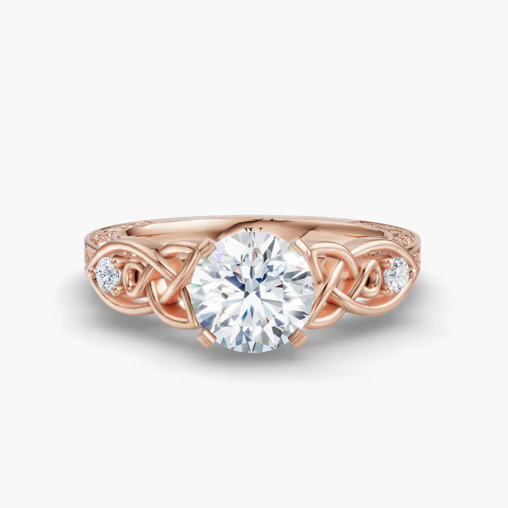 Kael 1 carat Lab Grown Diamond Round Cut Side Stone, Vintage, Unique Engagement Ring in 14K Rose Gold
