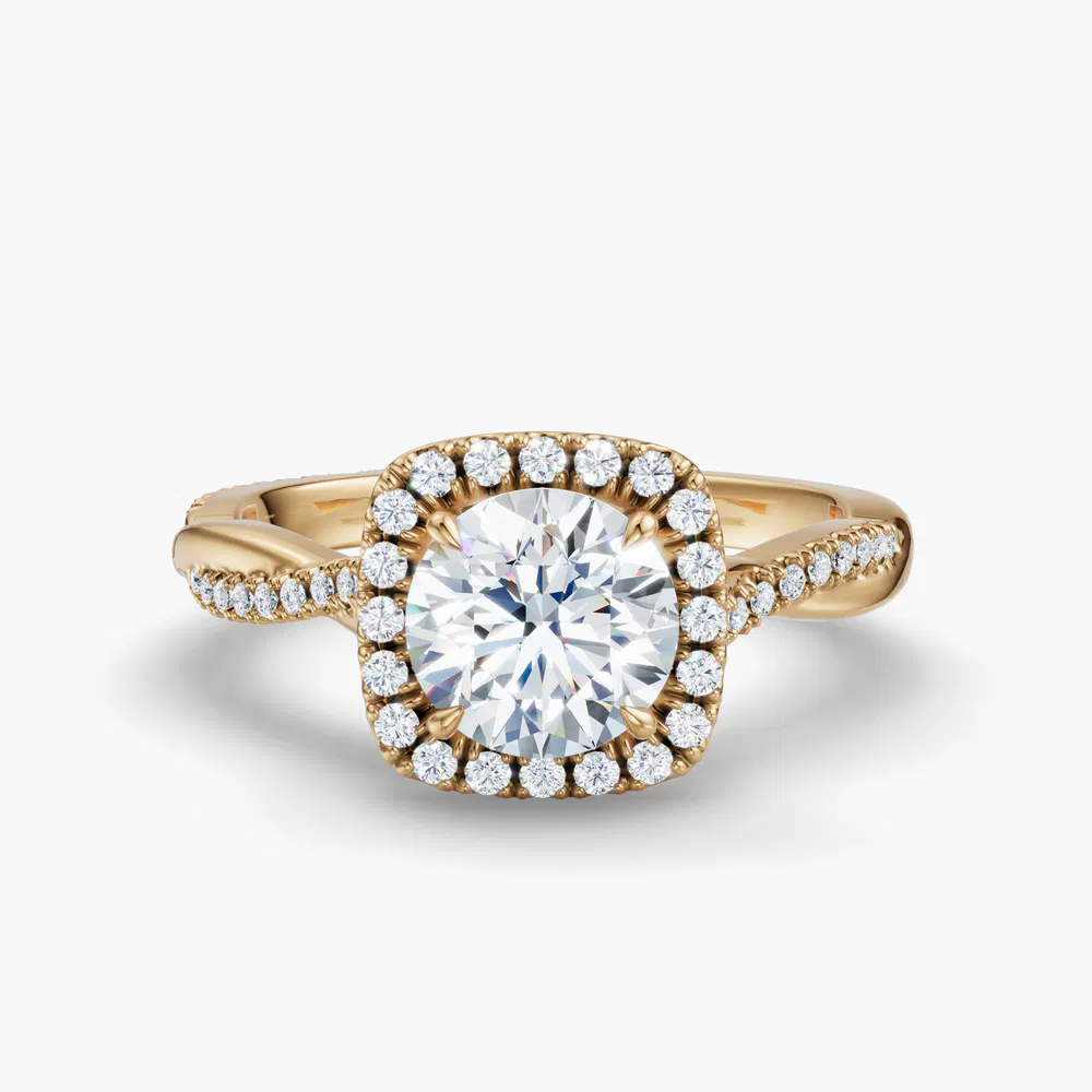 Itic 1 carat Lab Grown Diamond Round Cut Halo, Twist, Low profile Engagement Ring in 14K Yellow Gold
