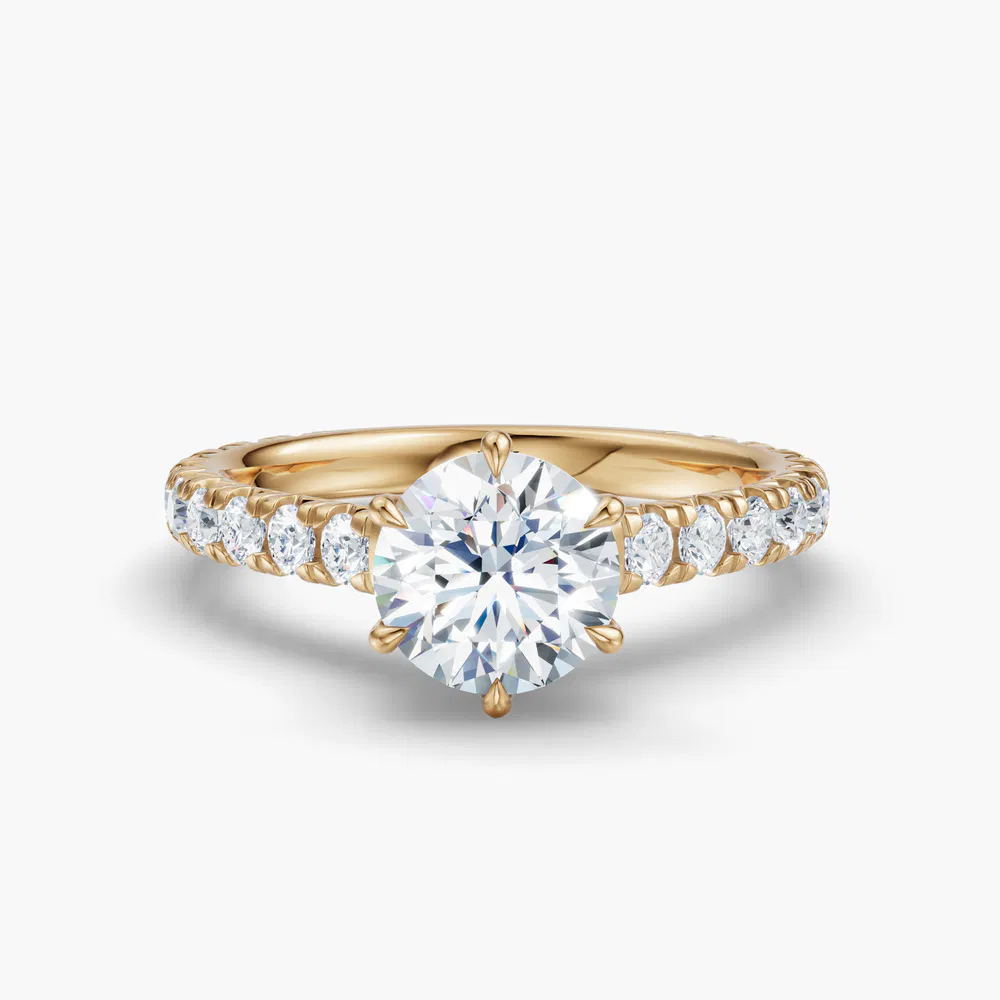 Isuo 1 carat Lab Grown Diamond Round Cut Pavé, Low profile, Cathedral Engagement Ring in 14K Yellow Gold