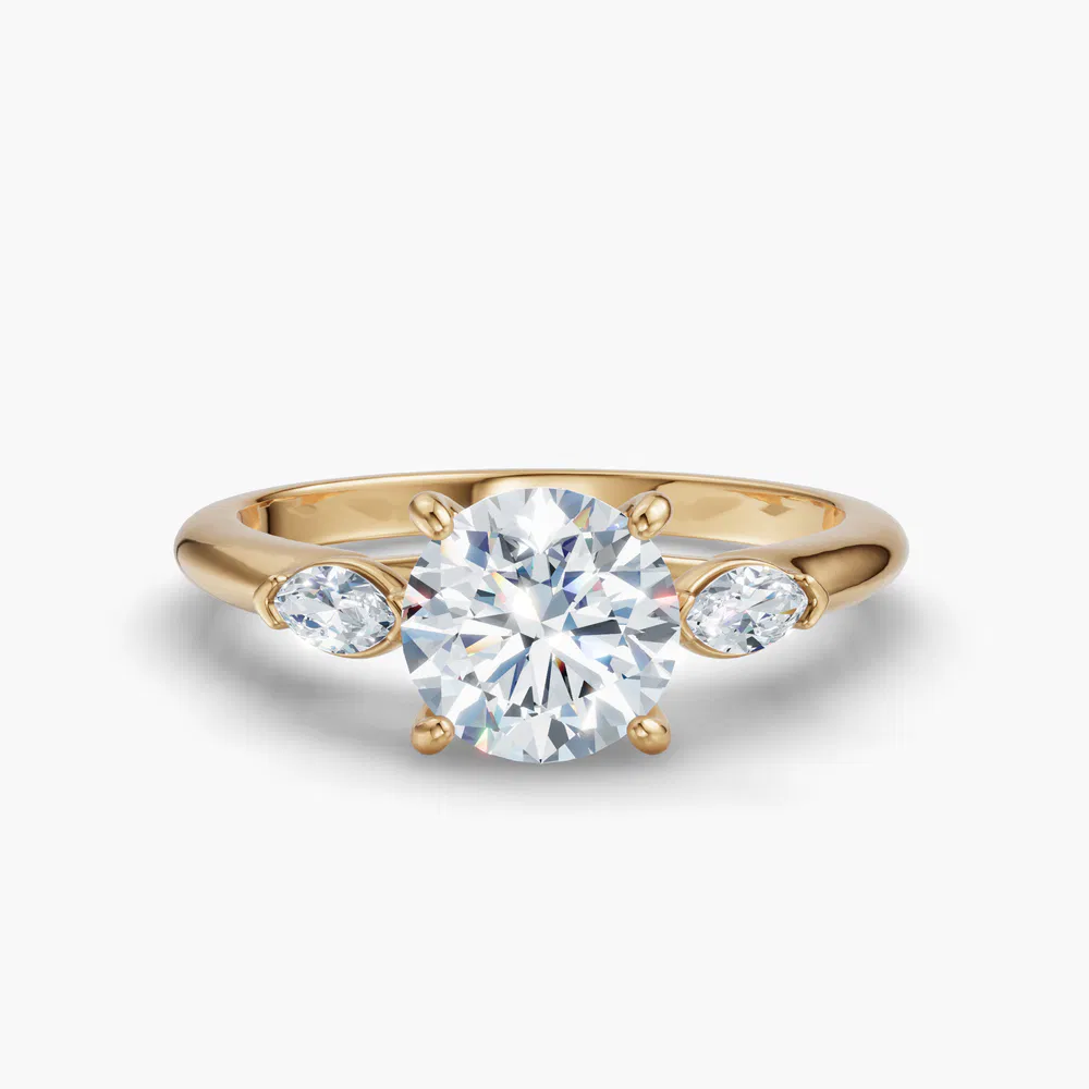 Glow 1 carat Lab Grown Diamond Round Cut Side Stone, Three Stone Engagement Ring in 14K Yellow Gold