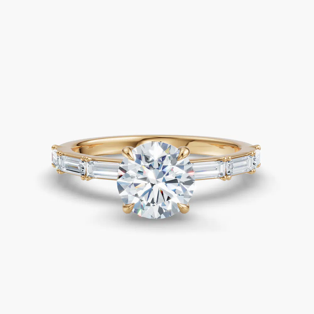 Lunark 1 carat Lab Grown Diamond Round Cut Side Stone, Baguette Engagement Ring in 14K Yellow Gold