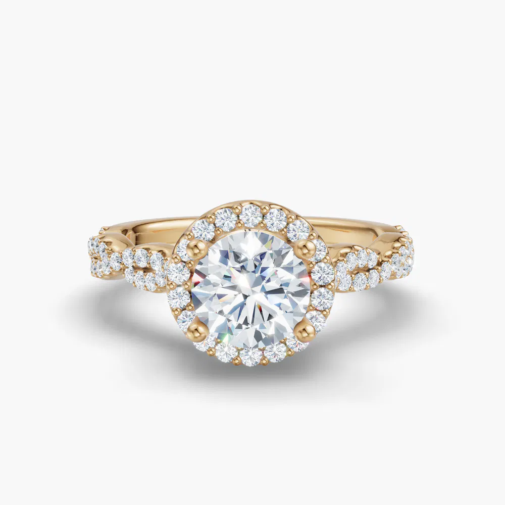 Meraki 1 carat Lab Grown Diamond Round Cut Halo, Pavé, Twist Engagement Ring in 14K Yellow Gold