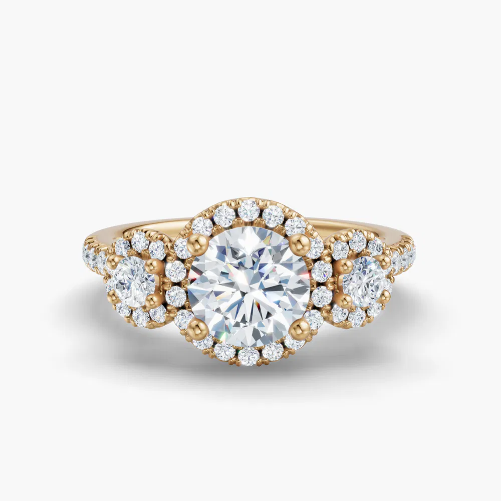 Hylor 1 carat Lab Grown Diamond Round Cut Side Stone, Three Stone, Halo Engagement Ring in 14K Yellow Gold