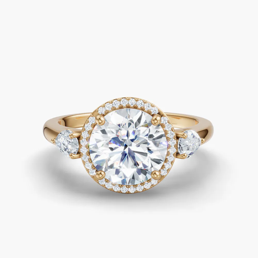 Daren 1 carat Lab Grown Diamond Round Cut Side Stone, Halo, Three Stone Engagement Ring in 14K Yellow Gold