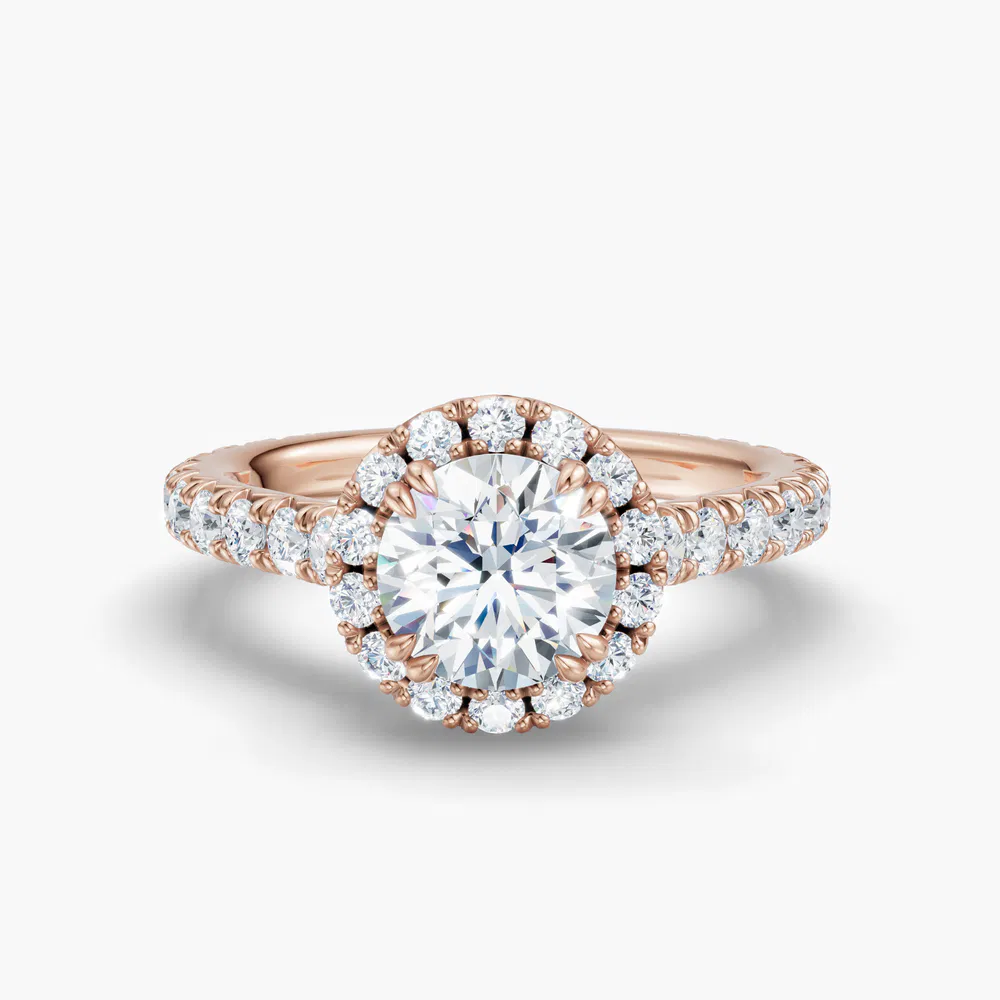 Zaria 1 carat Lab Grown Diamond Round Cut Halo, Cathedral, Pavé Engagement Ring in 18K Rose Gold