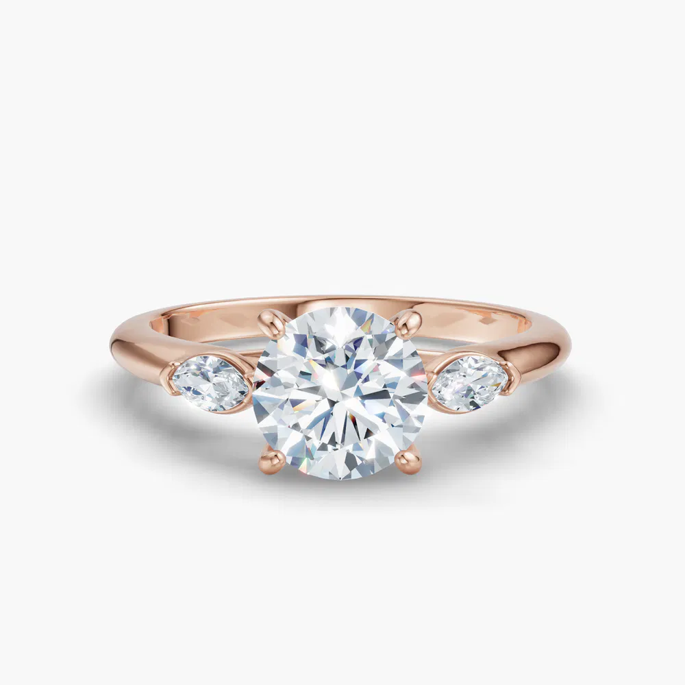 Glow 1 carat Lab Grown Diamond Round Cut Side Stone, Three Stone Engagement Ring in 18K Rose Gold