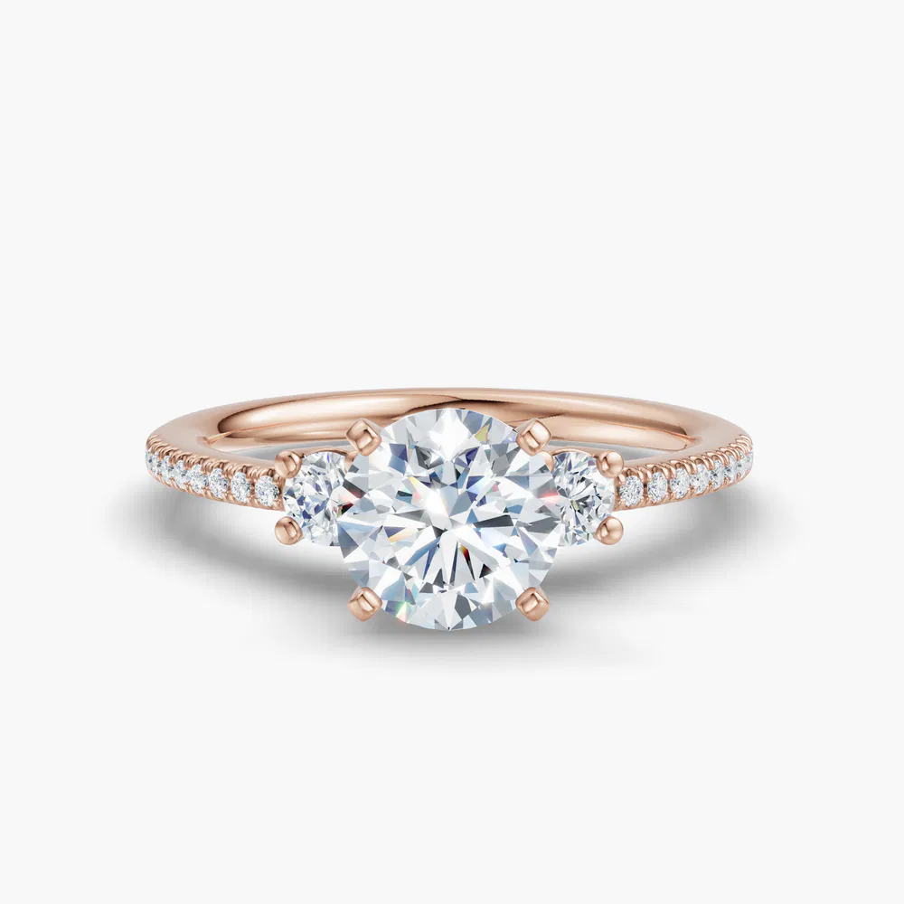 Vynix 1 carat Lab Grown Diamond Round Cut Side Stone, Three Stone, Pavé Engagement Ring in 18K Rose Gold