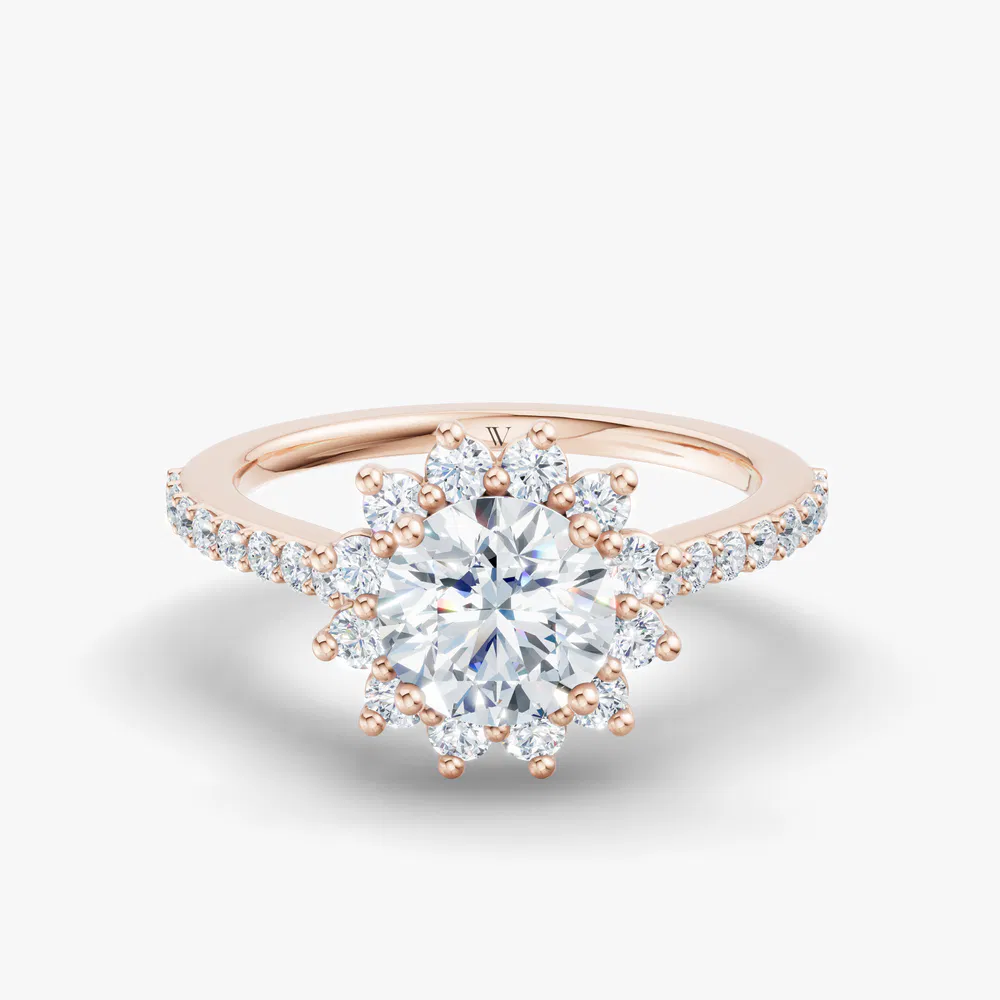 Elite Juniper 1 carat Lab Grown Diamond Round Cut Halo, Floral, Pavé Engagement Ring in 18K Rose Gold