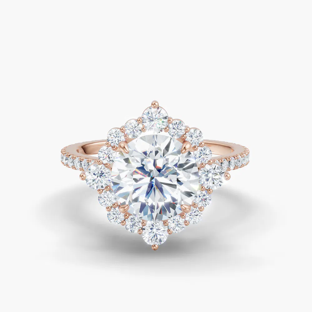 Cylen 1 carat Lab Grown Diamond Round Cut Halo, Floral, Hidden Halo Engagement Ring in 18K Rose Gold