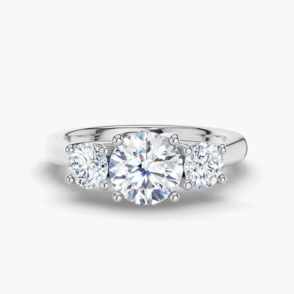 Valeri 1 carat Lab Grown Diamond Round Cut Side Stone, Three Stone, Low profile Engagement Ring in 18K White Gold