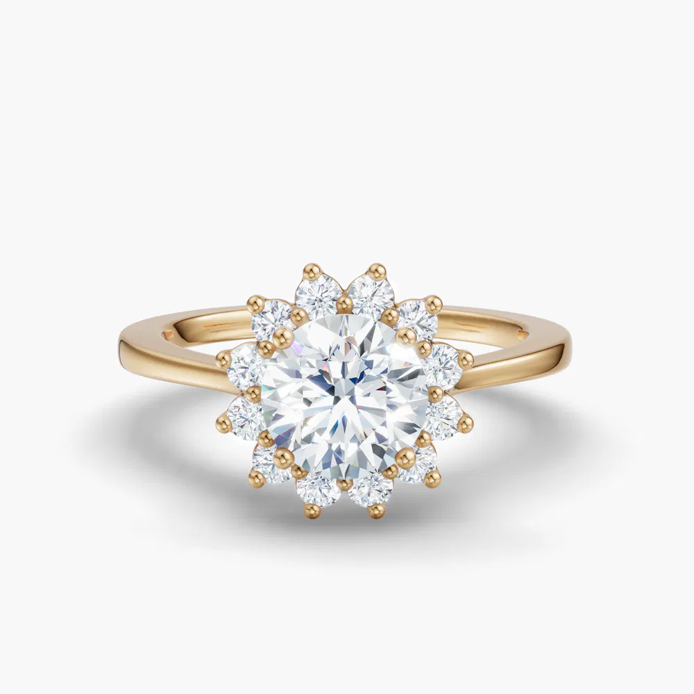 Juncb 1 carat Lab Grown Diamond Round Cut Halo, Floral, Cathedral Engagement Ring in 18K Yellow Gold
