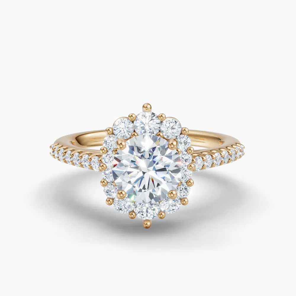 Mirey 1 carat Lab Grown Diamond Round Cut Halo, Floral, Pavé Engagement Ring in 18K Yellow Gold