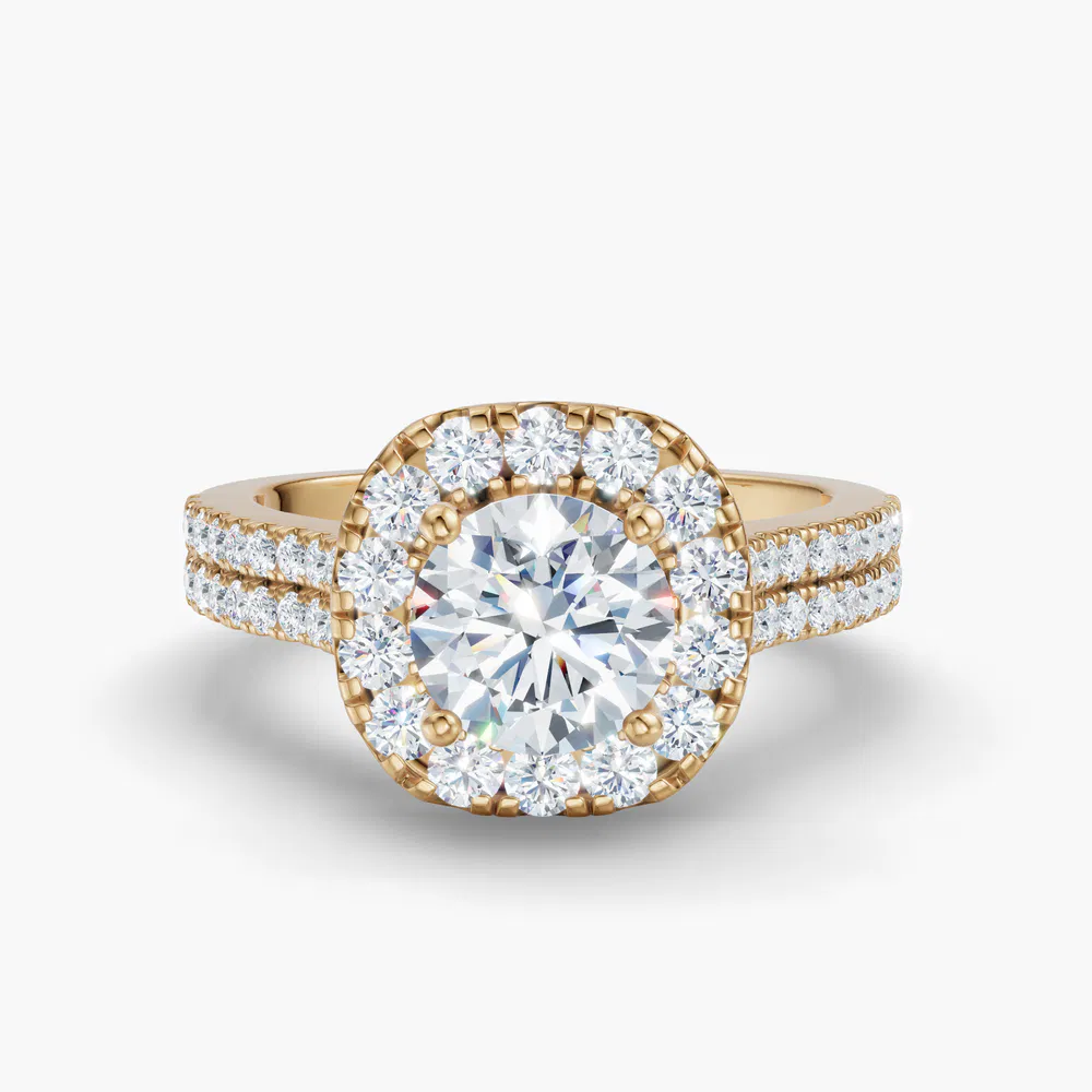 Maelis 1 carat Lab Grown Diamond Round Cut Halo, Pavé, Cathedral Engagement Ring in 18K Yellow Gold