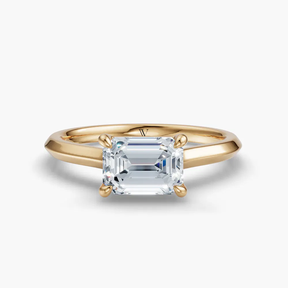 Zori 1 carat Lab Grown Diamond Emerald Cut Solitaire, Cathedral, East-West Engagement Ring in 18K Yellow Gold