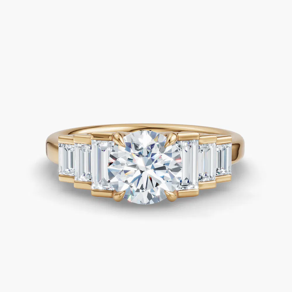 Zepy 1 carat Lab Grown Diamond Round Cut Side Stone, Baguette Engagement Ring in 18K Yellow Gold