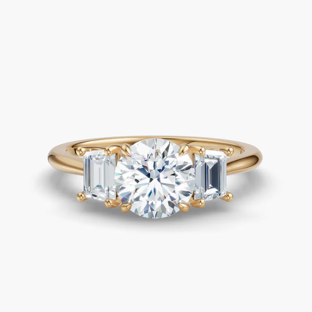Cygnus 1 carat Lab Grown Diamond Round Cut Side Stone, Three Stone, Low profile Engagement Ring in 18K Yellow Gold