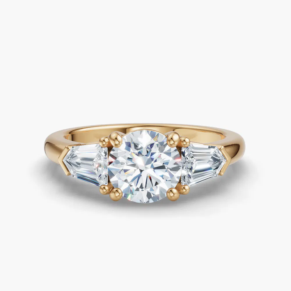 Lyris 1 carat Lab Grown Diamond Round Cut Side Stone, Three Stone Engagement Ring in 18K Yellow Gold