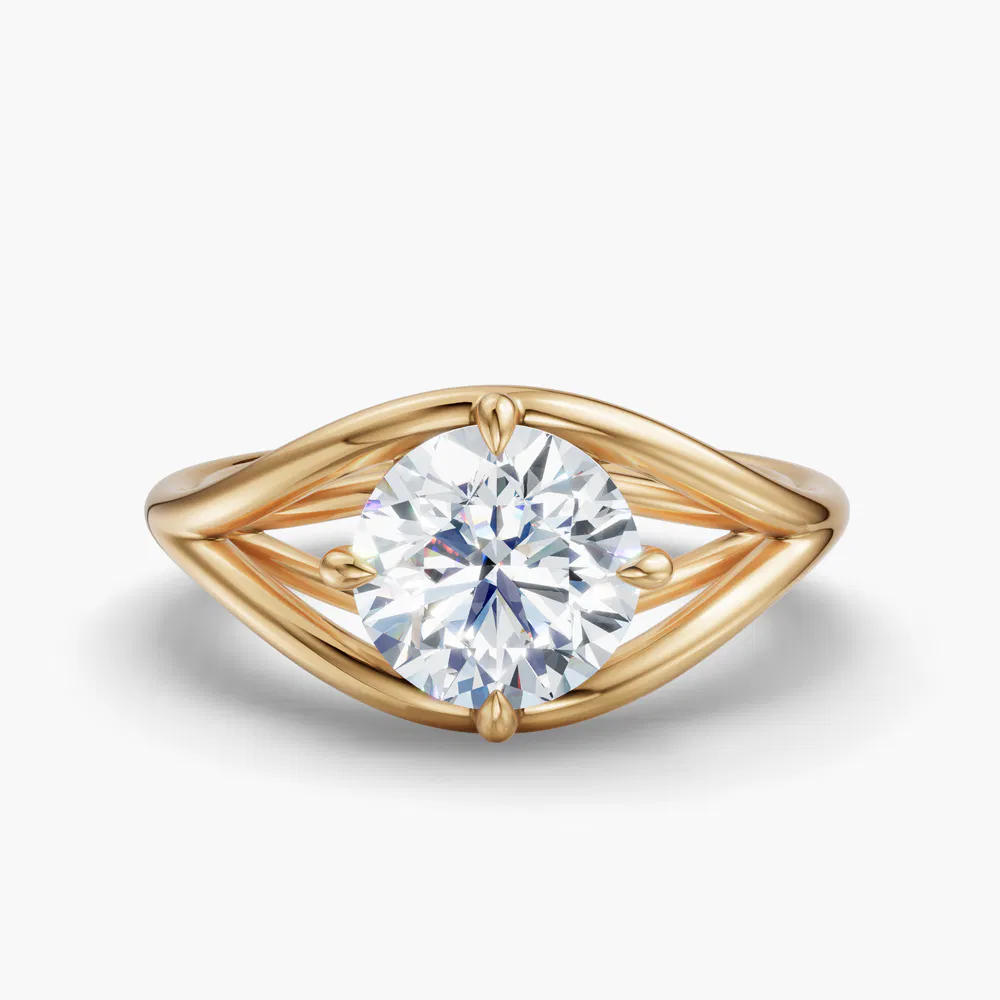 Kira 1 carat Lab Grown Diamond Round Cut Solitaire, Unique, Split Shank Engagement Ring in 18K Yellow Gold