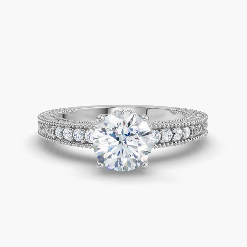 Meren 3.5 carat Lab Grown Diamond Round Cut Side Stone, Vintage, Milgrain Engagement Ring in 14K White Gold
