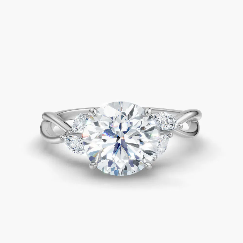 Mena 3 carat Lab Grown Diamond Round Cut Side Stone, Twist, Split Shank Engagement Ring in 14K White Gold
