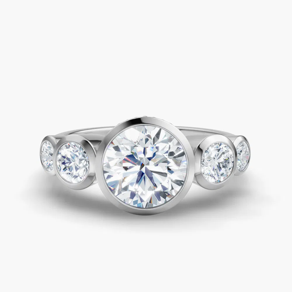 Sole 5 carat Lab Grown Diamond Round Cut Side Stone, Bezel, Five Stone Engagement Ring in 14K White Gold