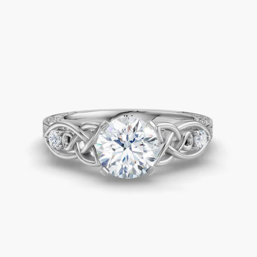 Kael 5 carat Lab Grown Diamond Round Cut Side Stone, Vintage, Unique Engagement Ring in 14K White Gold