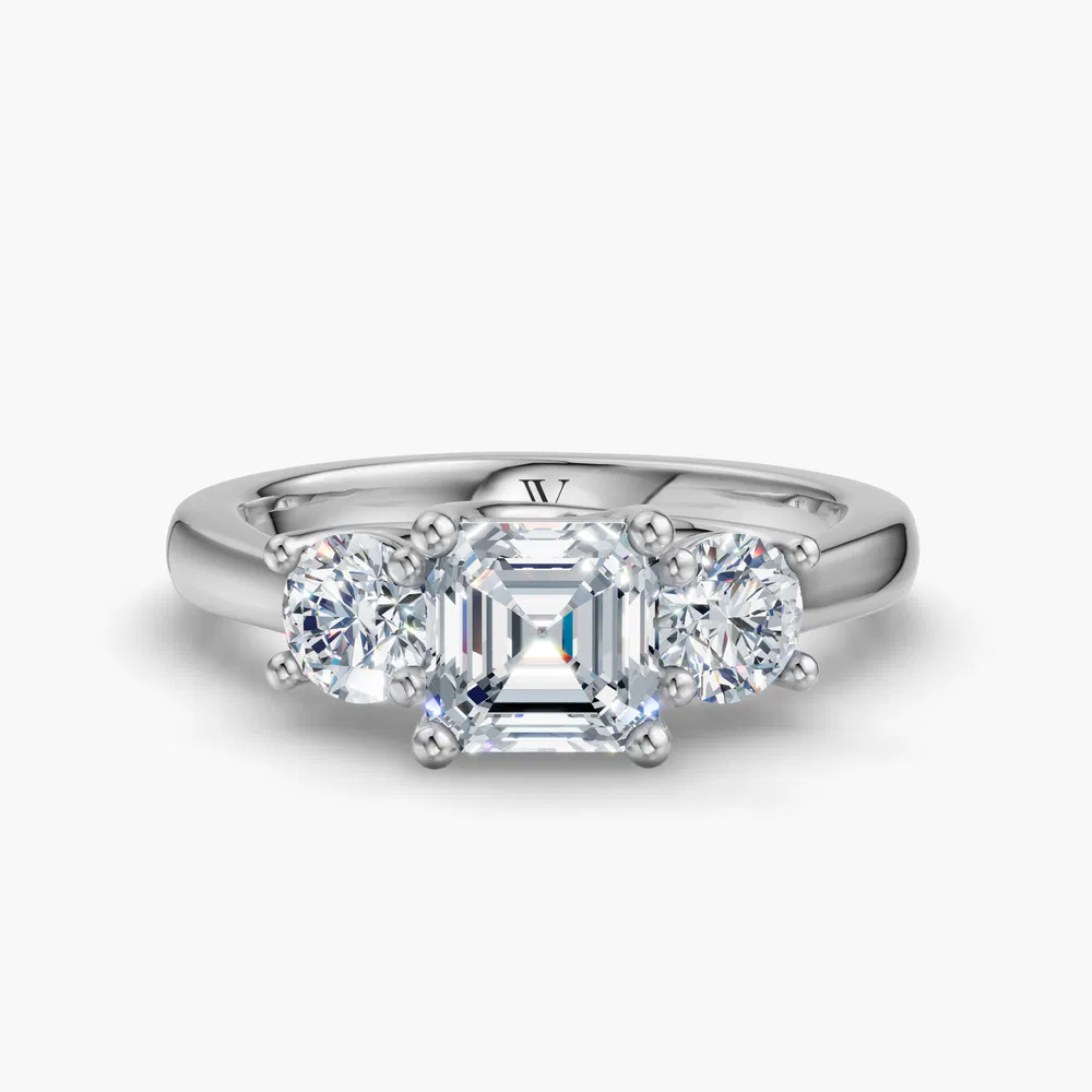 Valeri 1 carat Lab Grown Diamond Asscher Cut Side Stone, Three Stone, Low profile Engagement Ring in 14K White Gold