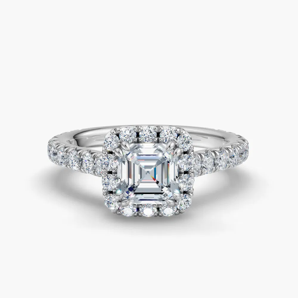 Zaria 1 carat Lab Grown Diamond Asscher Cut Halo, Cathedral, Pavé Engagement Ring in 14K White Gold
