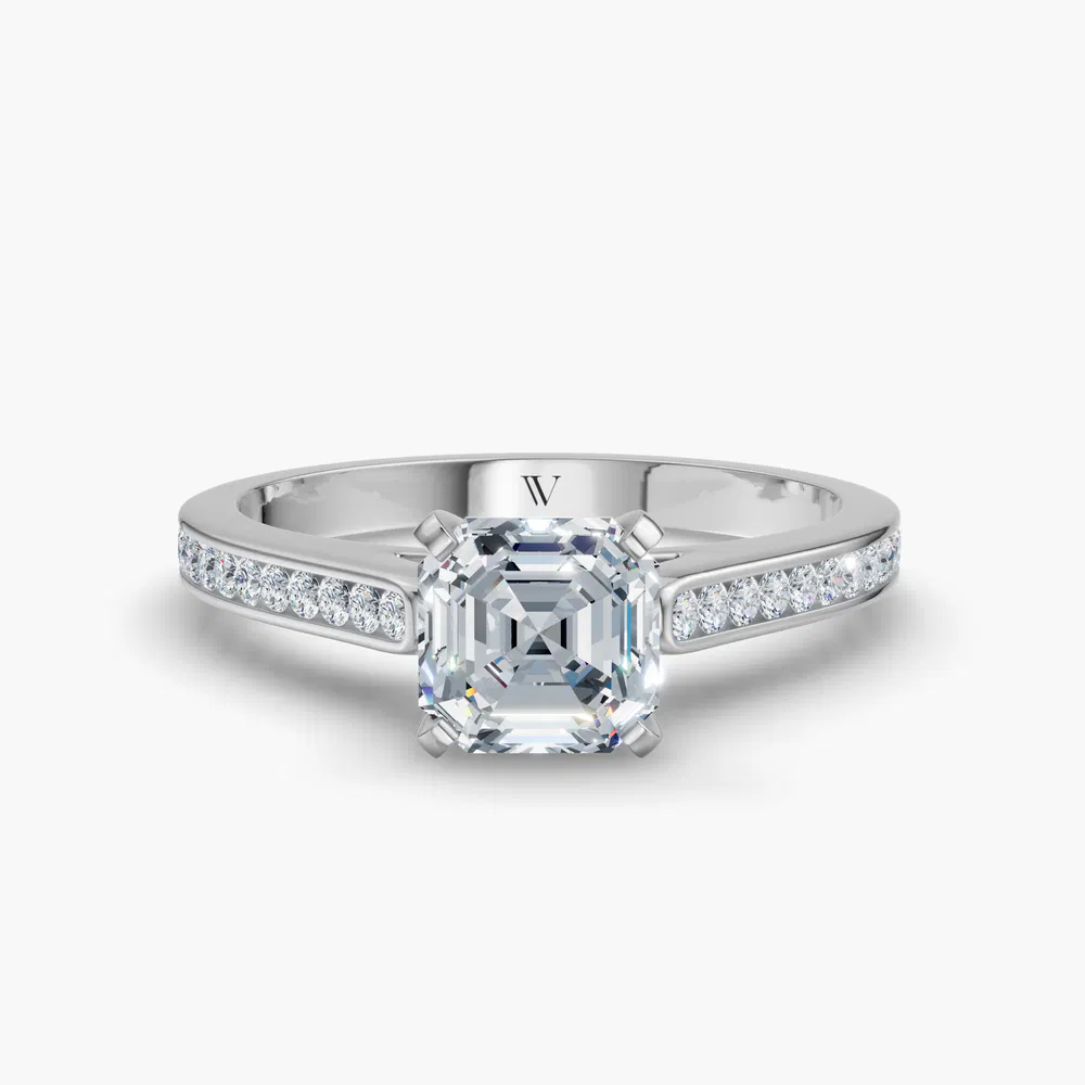 Velora 1 carat Lab Grown Diamond Asscher Cut Cathedral, Channel Set Engagement Ring in 14K White Gold