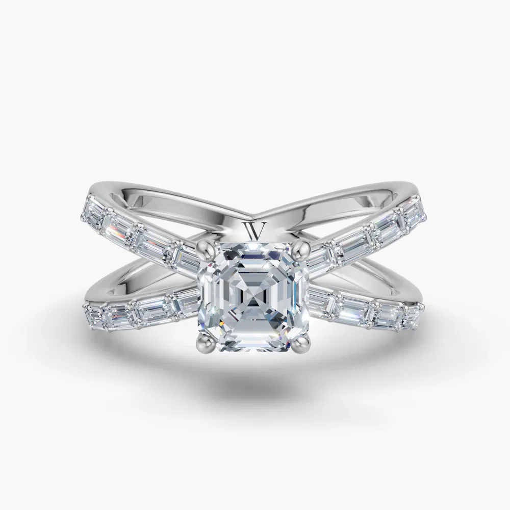 Luminara 1 carat Lab Grown Diamond Asscher Cut Side Stone, Baguette, Unique Engagement Ring in 14K White Gold