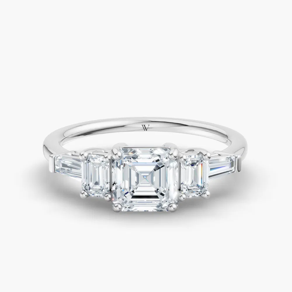 Olume 1 carat Lab Grown Diamond Asscher Cut Baguette, Five Stone, Low profile Engagement Ring in 14K White Gold