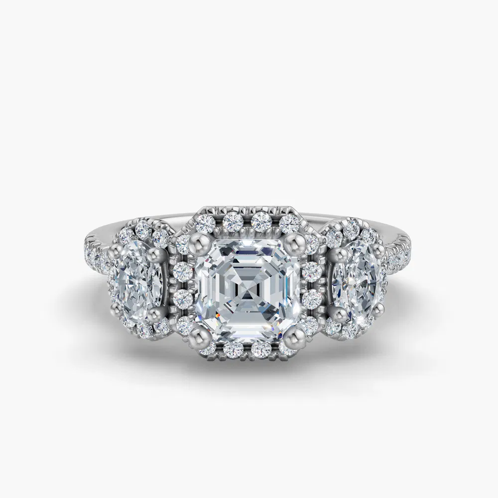 Norell 1 carat Lab Grown Diamond Asscher Cut Side Stone, Three Stone, Halo Engagement Ring in 14K White Gold
