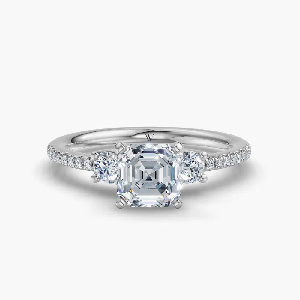 Vynix 1 carat Lab Grown Diamond Asscher Cut Side Stone, Three Stone, Pavé Engagement Ring in 14K White Gold