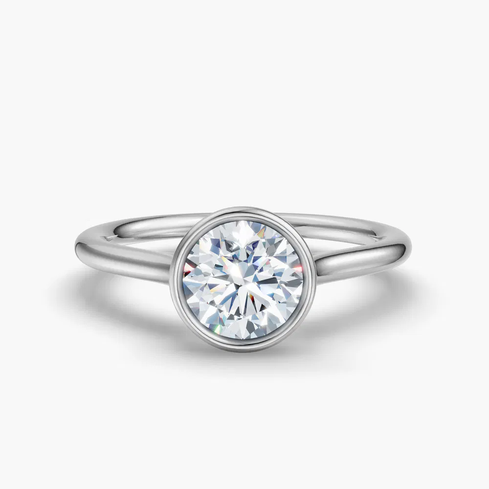 Borvi 1 carat Lab Grown Diamond Round Cut Bezel, Solitaire, Cathedral Engagement Ring in 14K White Gold
