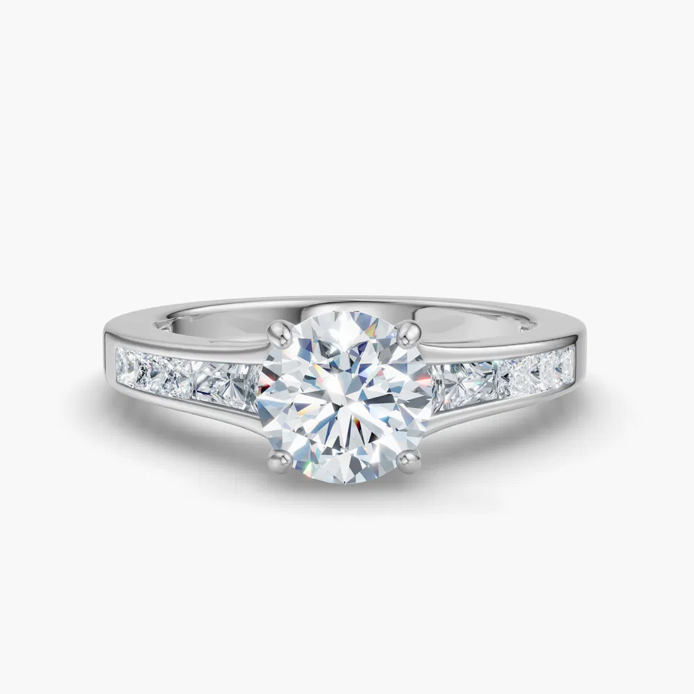 Gwynv 1 carat Lab Grown Diamond Round Cut Cathedral, Side Stone, Baguette Engagement Ring in 14K White Gold