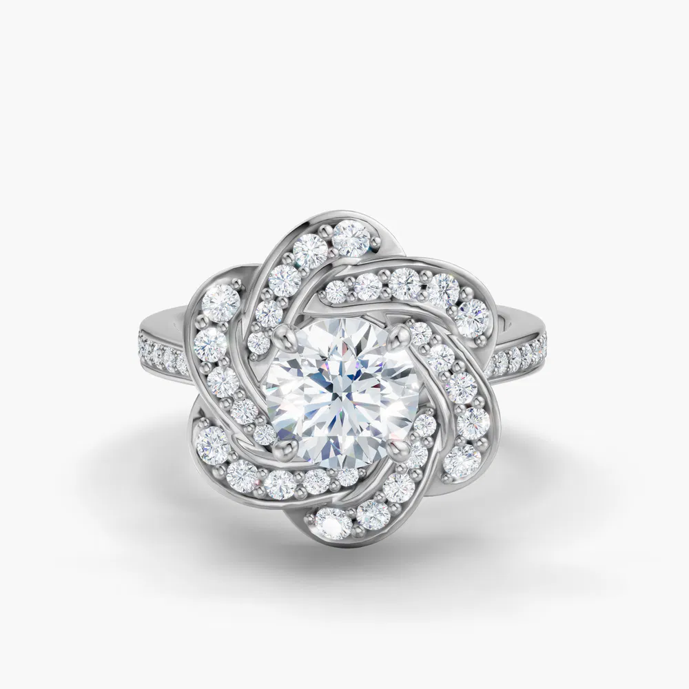 Certified 1 carat Lab Grown Diamond Round Cut Floral, Nature inspired, Cathedral Engagement Ring in 14K White Gold-Vorina