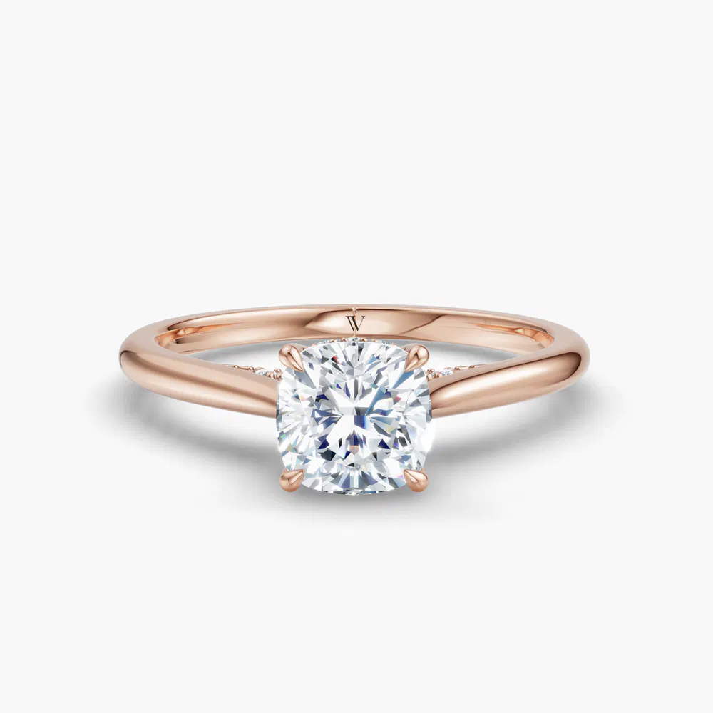 Certified 2 carat Lab Grown Diamond Cushion Cut Hidden Halo, Cathedral, Solitaire Engagement Ring in 14K Rose Gold-Wrenq