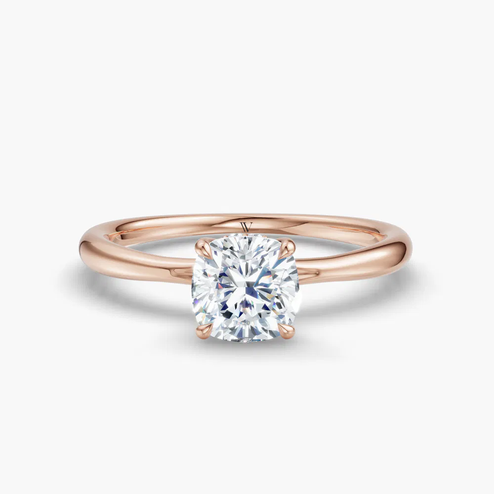 Certified 2 carat Lab Grown Diamond Cushion Cut Hidden Halo, Solitaire, Low profile Engagement Ring in 14K Rose Gold-Anomis