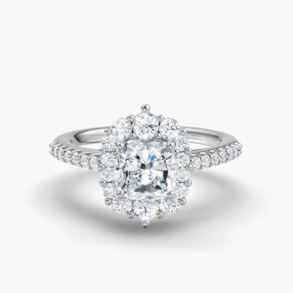 Certified 2 carat Lab Grown Diamond Cushion Cut Pavé, Halo, Cathedral Engagement Ring in 14K White Gold-Mirey