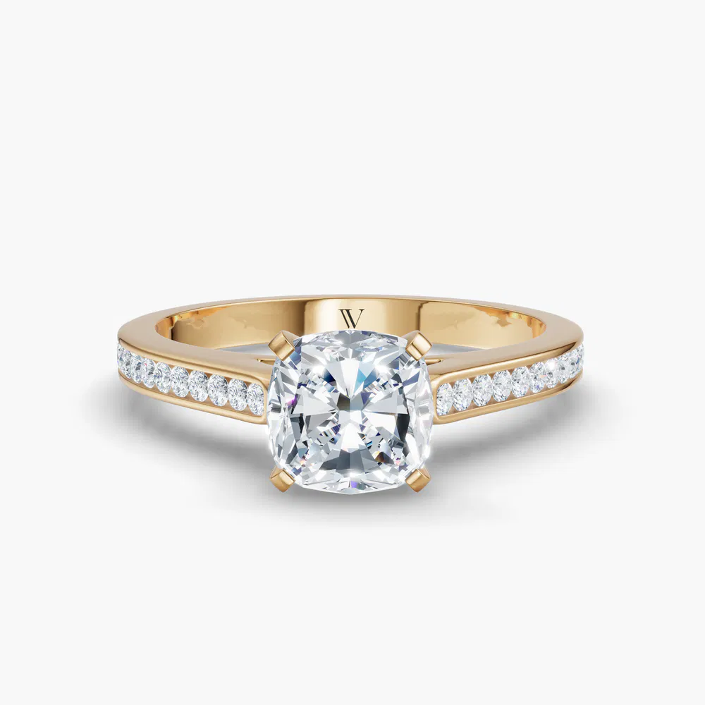 Certified 2 carat Lab Grown Diamond Cushion Cut Cathedral, Channel Set Engagement Ring in 14K Yellow Gold-Velora