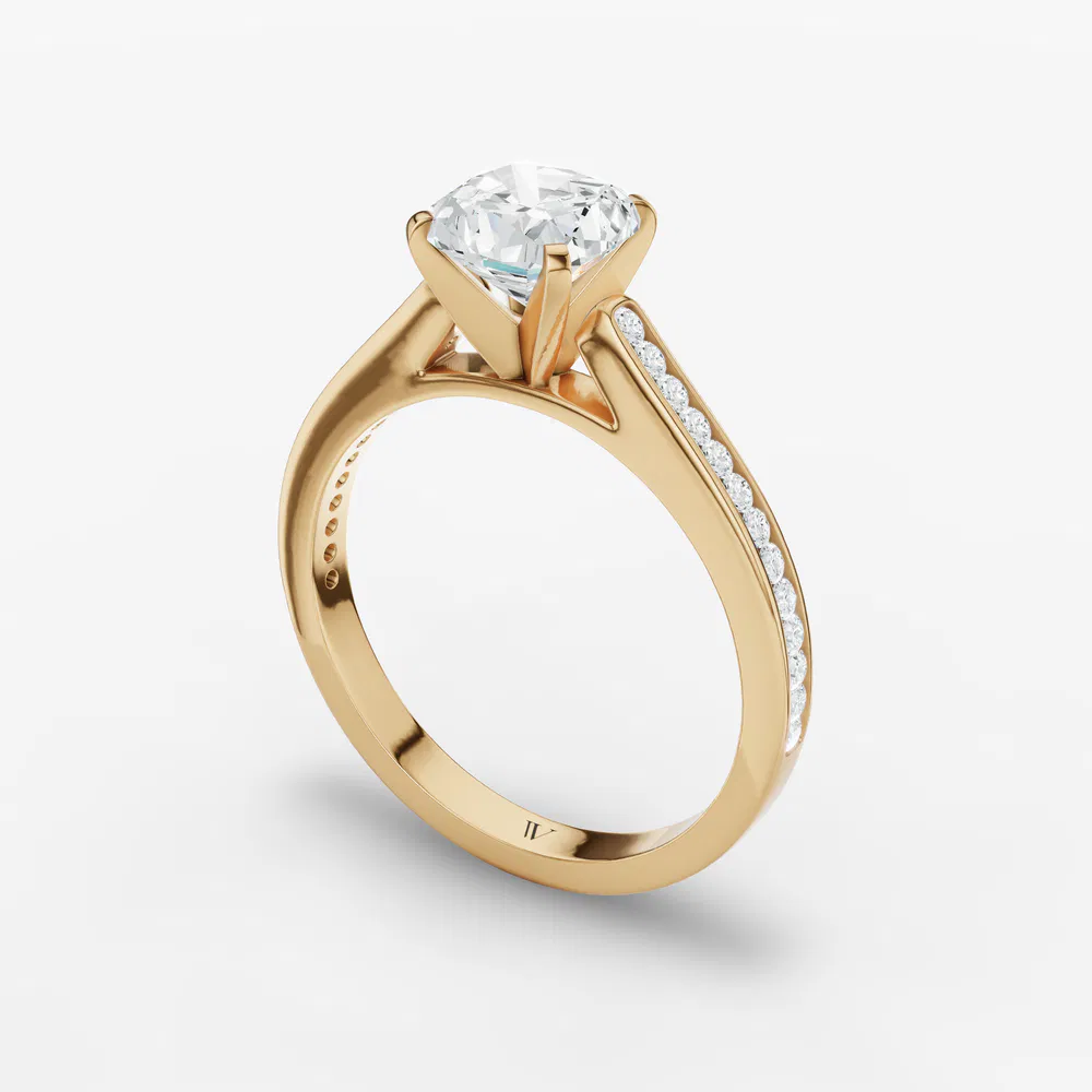 Certified 2 carat Lab Grown Diamond Cushion Cut Cathedral, Channel Set Engagement Ring in 14K Yellow Gold-Velora