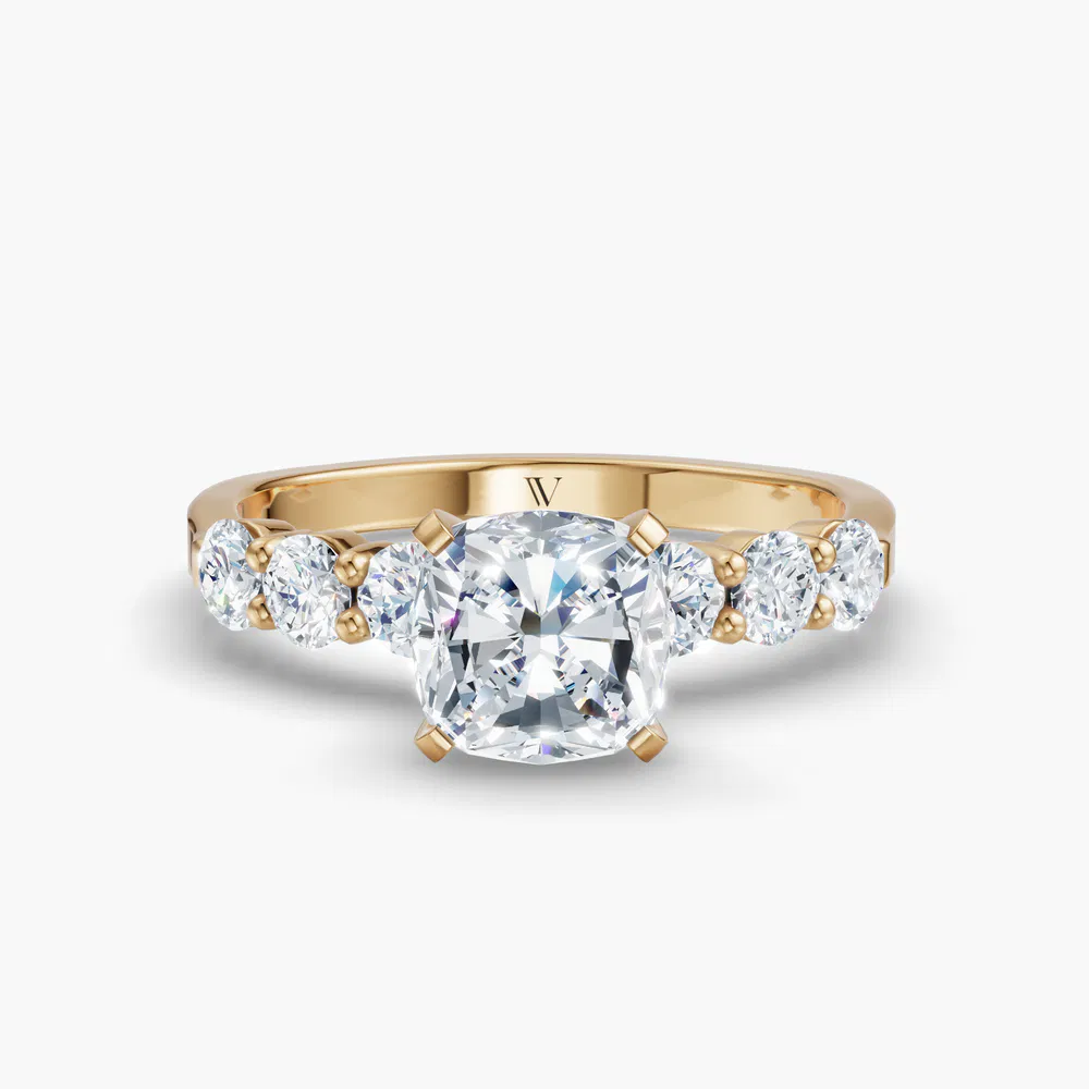 Certified 2 carat Lab Grown Diamond Cushion Cut Side Stone Engagement Ring in 14K Yellow Gold-Nylis